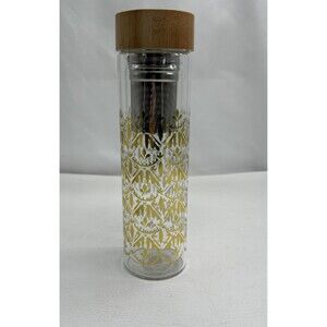 Pinky Up Tea Infuser Glass Bottle with Bamboo Top Gold Damask 10 Inches Tall
